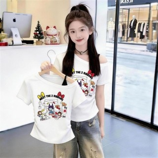 Áo thun lệch vai ngắn tay bé gái mùa hè bé gái áo trễ vai thời trang phong cách Hàn Quốc