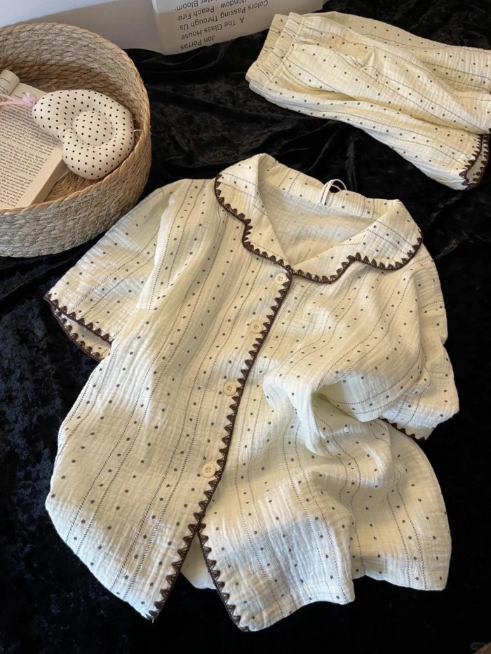 Bộ đồ ngủ cotton Yunduo dành cho nữ, bộ đồ quần short ngắn tay có ve áo in hình ngôi sao màu trắ