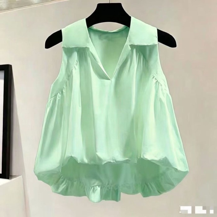 Thời Trang Mùa Hè Pháp Thiết Kế Áo Sơ Mi Ve Áo Màu Trắng Phong Cách Mới Áo Không Tay Cho Nữ B