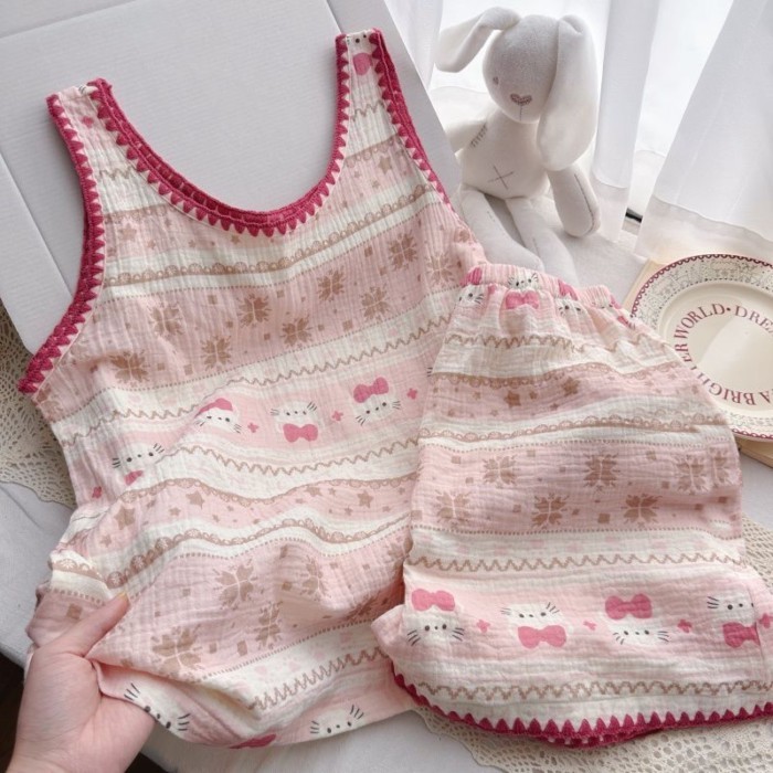 Nhật Bản màu đỏ và hồng phim hoạt hình hellokitty mây cotton vest đồ ngủ nữ mùa hè thiết kế q