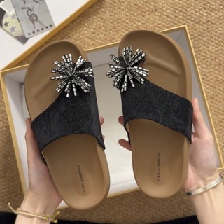 Summer New Thickness Rhinestone Slippers Women's Outerwear Cork Slippers French Retro Versati