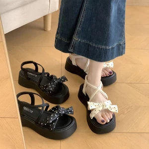 Dép sandal nơ chấm bi thời trang dành cho nữ mặc ngoài mùa hè mới đế tăng chiều cao Giày đi b
