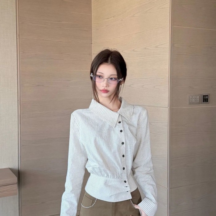 Mùa xuân năm  nữ mới sọc eo áo sơ mi giảm béo đa năng ve áo eo không đều áo sơ mi túi chéo