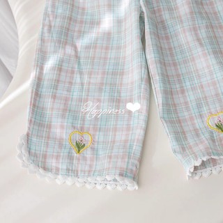 Bộ Đồ Mùa Hè Bé Gái Quần Chín Điểm Phong Cách Phương Tây Kẻ Sọc Mục Vụ Ren Thêu Quần Âu Bé Gái Quần