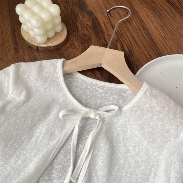 Baby Summer Girl Bamboo Cotton Edge Bow Tie Thin Shawl Small Coat Air-conditioning Shirt Sun