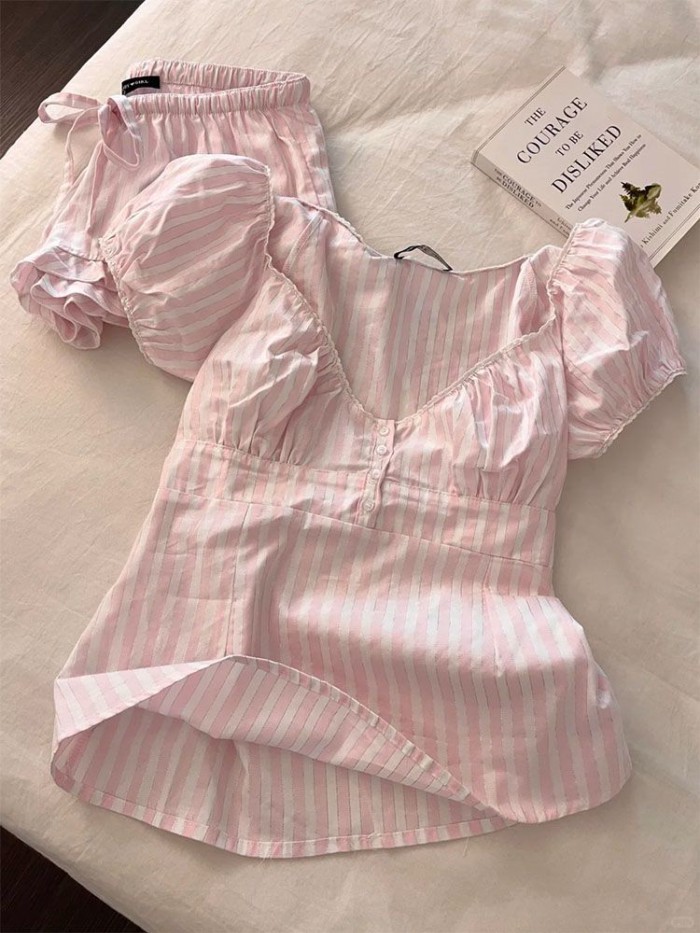 Bộ đồ ngủ cotton Yunduo dành cho nữ, quần đùi ngắn tay sọc hồng ngọt ngào, trang phục ở nhà rộng
