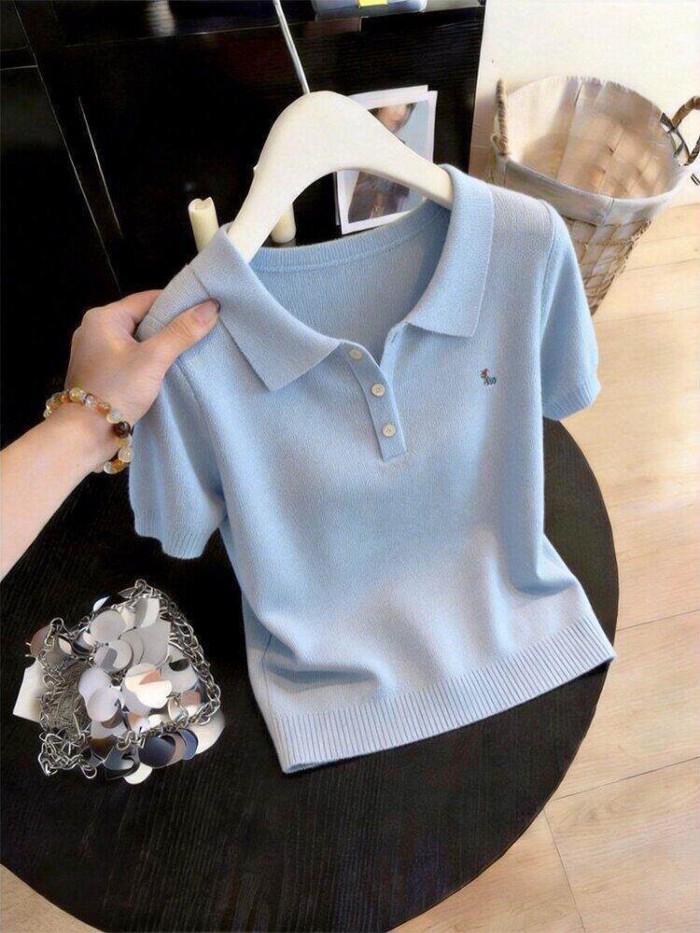 Nữ phong cách ngọt ngào phong cách Hàn Quốc Áo thun cổ polo ngắn tay áo len phổ biến