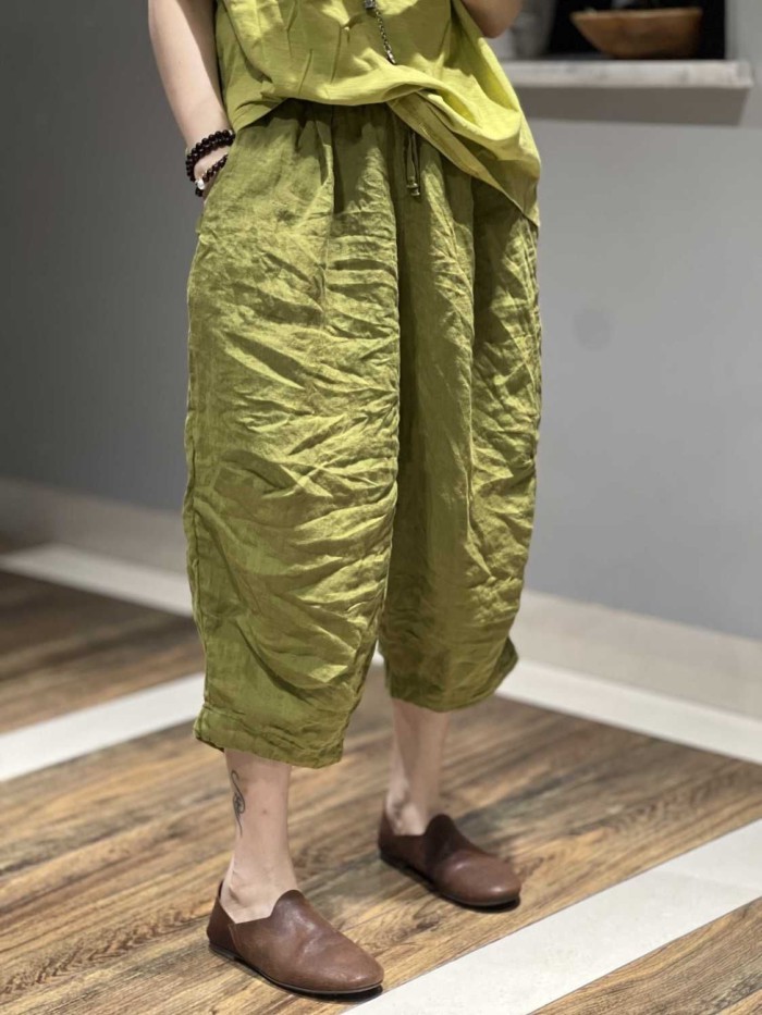 Mới Đồng Màu Ống rộng Cotton và Vải Lanh Quần Cắt Rời Retro Cổ Cà Rốt Hậu Cung Quần dành cho Nữ