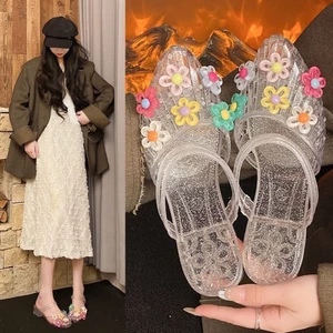 Crystal Shoes Jelly Half Drag, Outer Toe, Square Heel, Sandals, Transparent Soft Sole, Crystal W