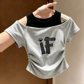 Bộ đồ mùa hè hai dây giả hai dây dành cho bé gái và trẻ em trung niên với áo trễ vai xếp ly không đ