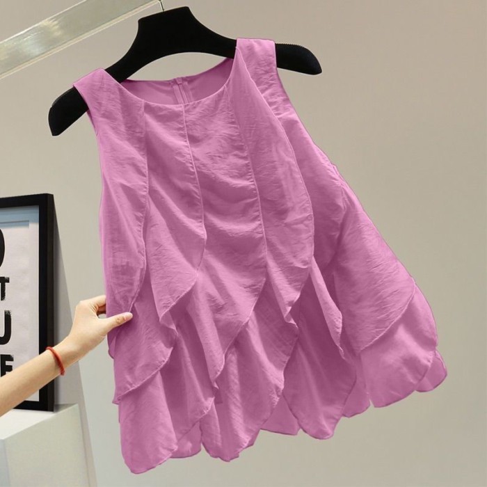 Áo sơ mi voan xếp nếp mùa hè dáng rộng phong cách Hàn Quốc dáng rộng dây kéo màu trơn áo vest