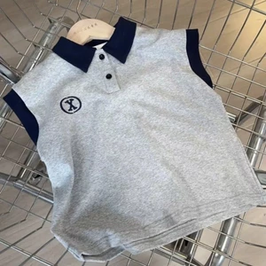 Bộ Quần Short Không Tay Trẻ Em Mới Nam Nữ Phong Cách Hàn Quốc Cổ Ve Áo Màu Trơn