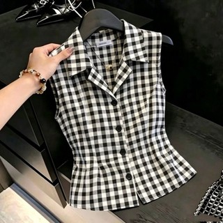Áo sơ mi polo kẻ sọc phong cách retro mùa hè mới cao cấp đơn ngực bên ngoài mỏng không tay được