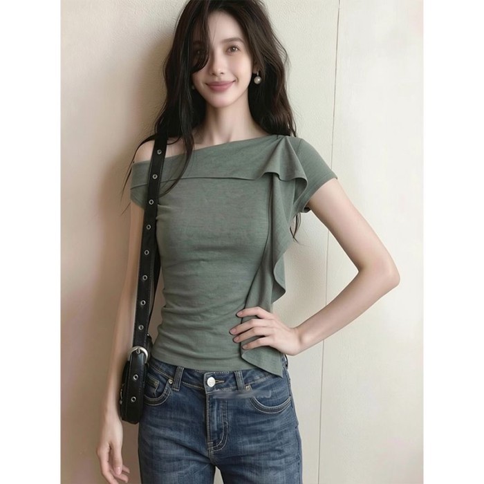 Korean Summer New Style Casual Lazy Asymmetrical Design Off-shoulder T-shirt Women's Light Lu