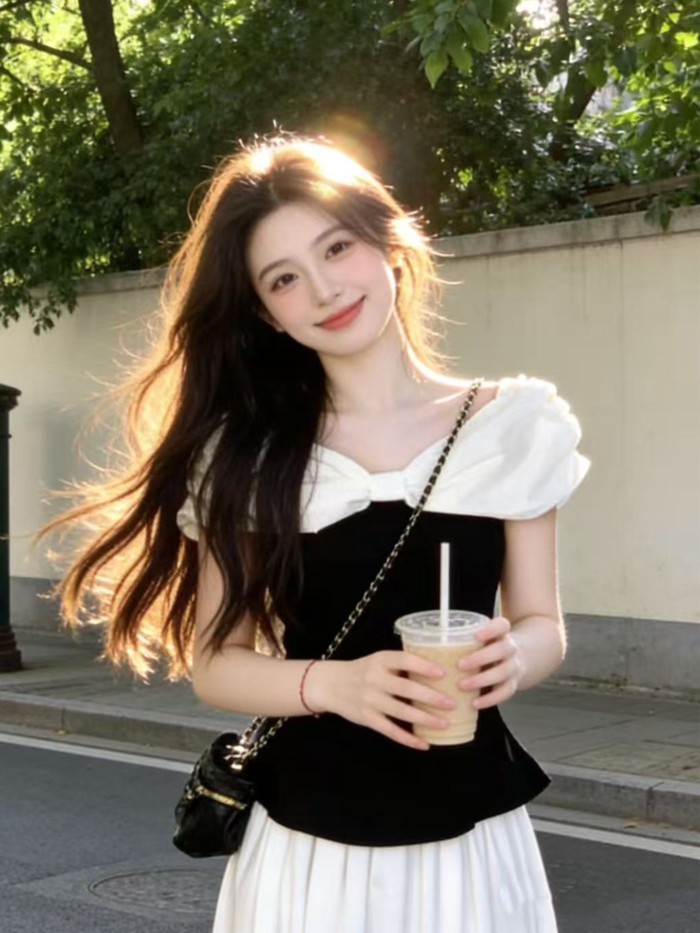 French Puff Sleeves, Bow, One-word Collar Shirt, T-shirt, Women's Summer New Style, Waist Slim