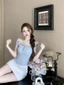 ren nối dệt kim áo yếm nữ mùa hè ôm vừa vặn bên trong hottie nơ ngắn bên ngoài màu xanh