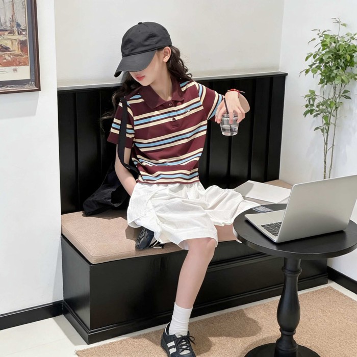 kids Áo thun ngắn tay sọc hàn quốc bé gái Áo sơ mi POLO mùa hè mới Áo ngắn trẻ em