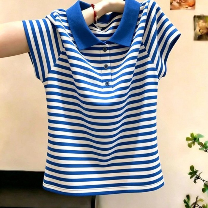 phiên bản Hàn Quốc áo thun sọc mỏng có ve áo màu tương phản mùa hè dành cho nữ kiểu dáng mới to