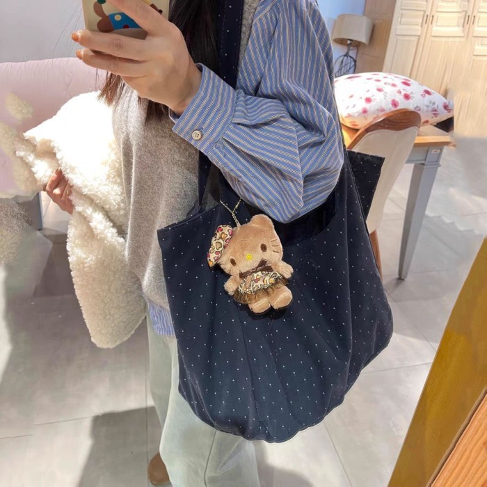 Túi vải bố chấm bi Hàn Quốc màu đen Túi đi làm đa năng Túi tote một vai dung tích lớn