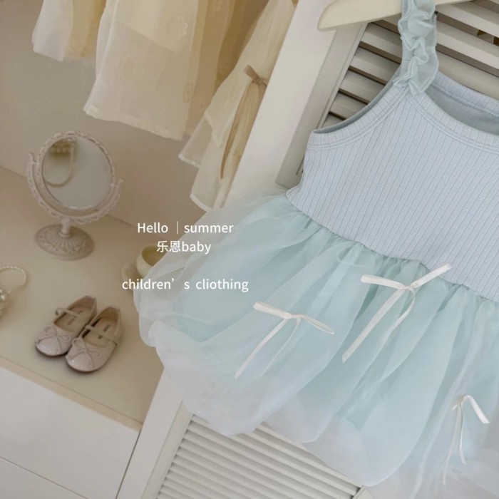 Original Design Girls Summer New Mint Green Bud Skirt Bow Mesh Princess Skirt Small Fresh Dre