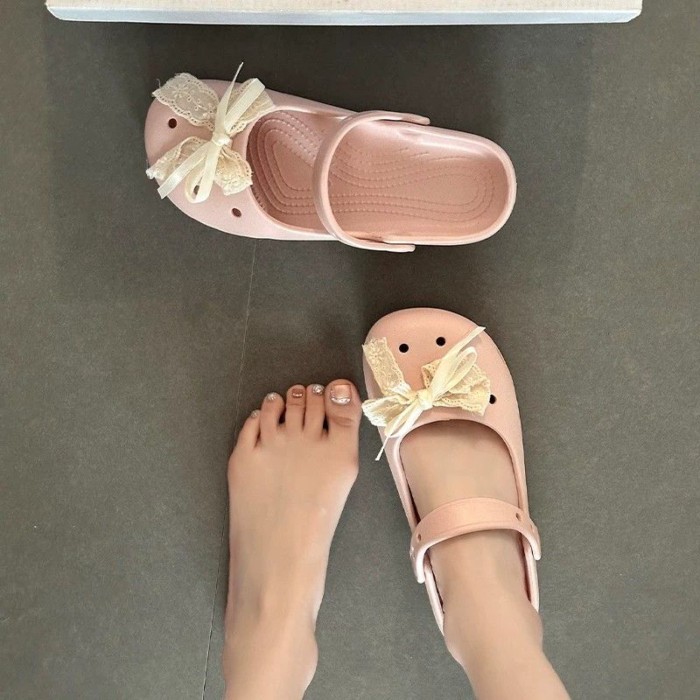 Giày ren nơ lỗ phong cách dễ thương dành cho nữ, dép xỏ ngón đế dày chống trượt cho nữ