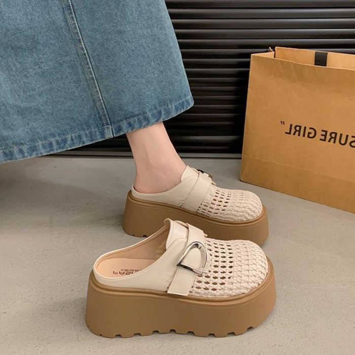 Đế Dày Bao Đầu Lưới Half-Flop Nữ Dệt Rỗng Xuân Hè Giày Con La Dép Slip-on Đa Năng