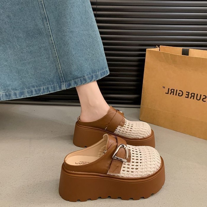 Đế Dày Bao Đầu Lưới Half-Flop Nữ Dệt Rỗng Xuân Hè Giày Con La Dép Slip-on Đa Năng