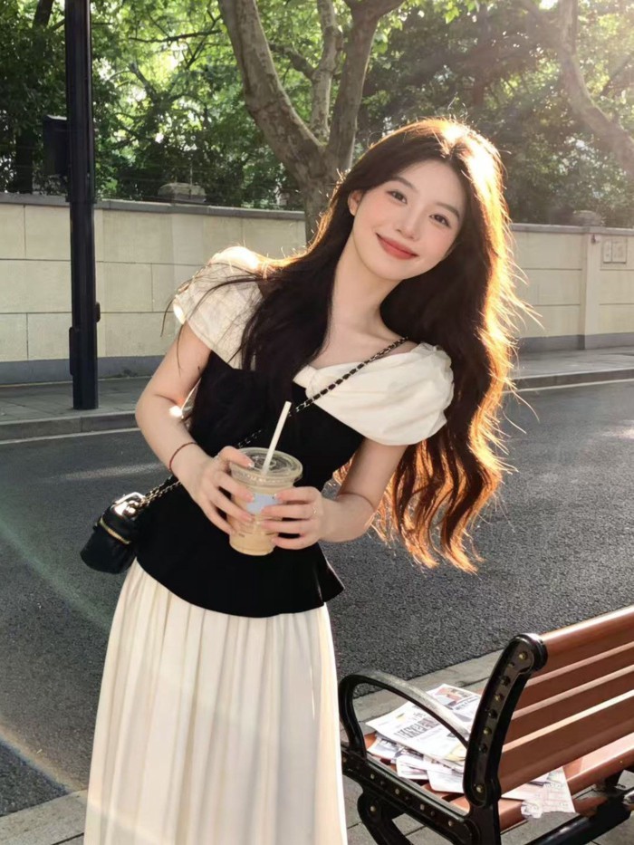 French Puff Sleeves, Bow, One-word Collar Shirt, T-shirt, Women's Summer New Style, Waist Slim