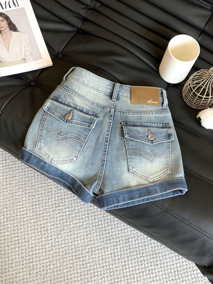 Quần short denim rách và rách phong cách Mỹ retro dành cho nữ mùa hè lưng cao và hông, phiên bản