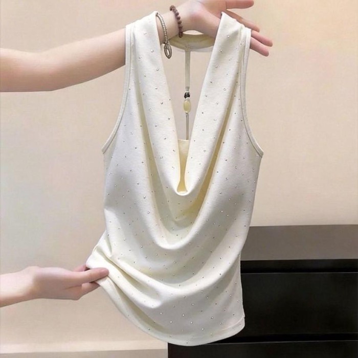 chấm bi dây cổ áo vest nữ mỏng ngày lễ phong cách gợi cảm thuần khiết Desire hở lưng Pháp không