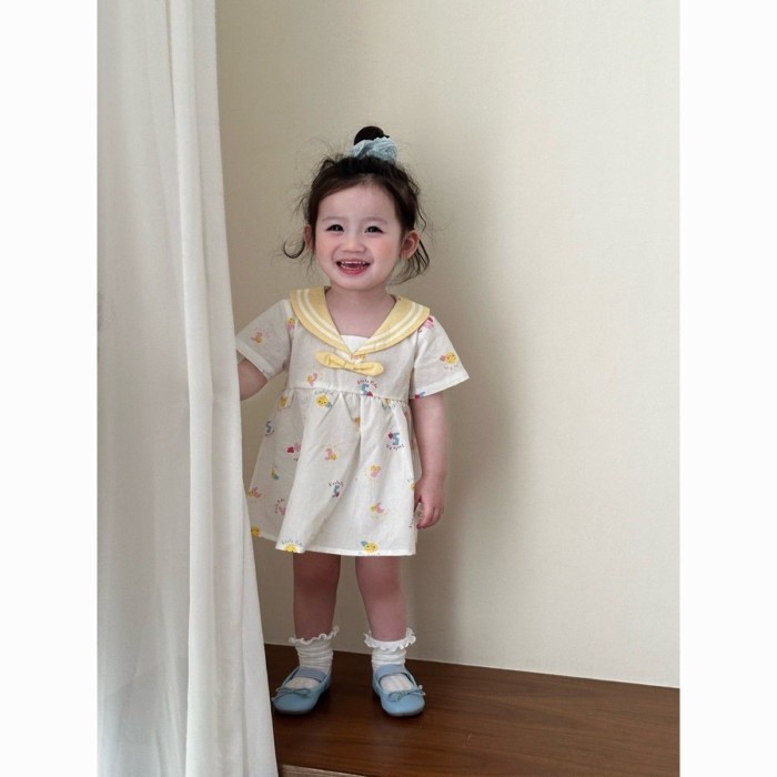 Girls Super Cute Dress New Summer Baby Girl Cute Navy Style Summer Cartoon Short Sleeve Skirt