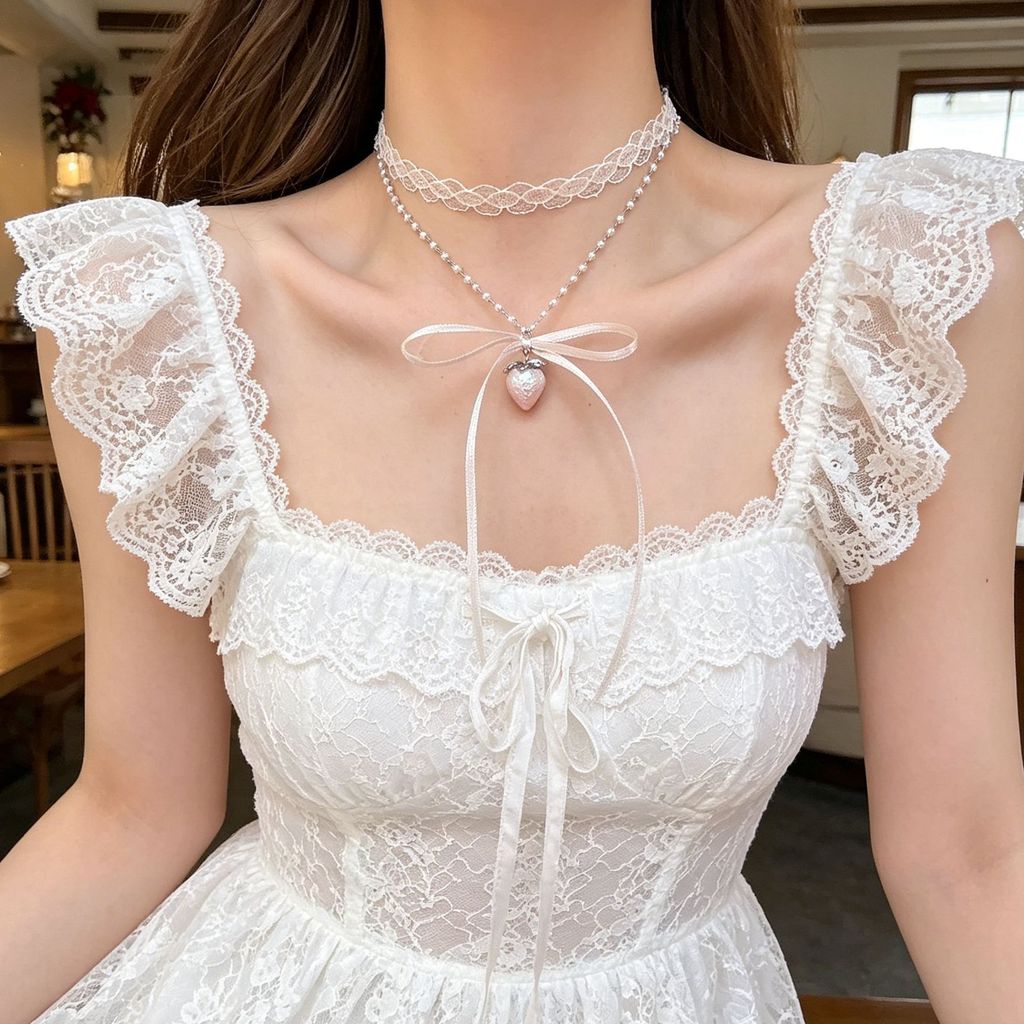 Bow Ren Neckband Mặt dây chuyền dâu tây Vòng cổ hai lớp
