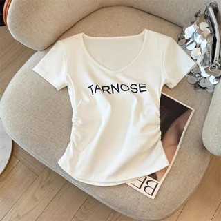 Áo thun ngắn tay cổ chữ V có khăn choàng, áo ngắn eo thon mùa hè cho trẻ em vừa và lớn