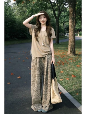 bộ quần ống rộng in họa tiết da báo mùa hè mới dành cho nữ