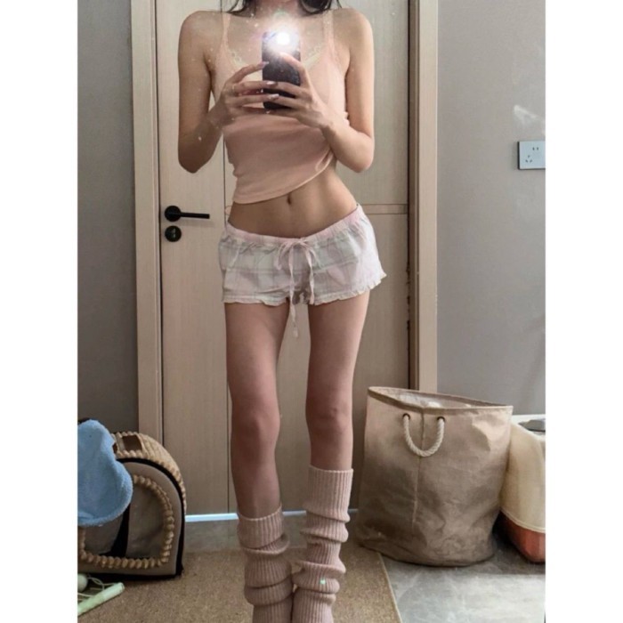 Quần short kẻ sọc cho nữ, dây rút, lưng thun, quần ống rộng, quần mặc ở nhà thông thường