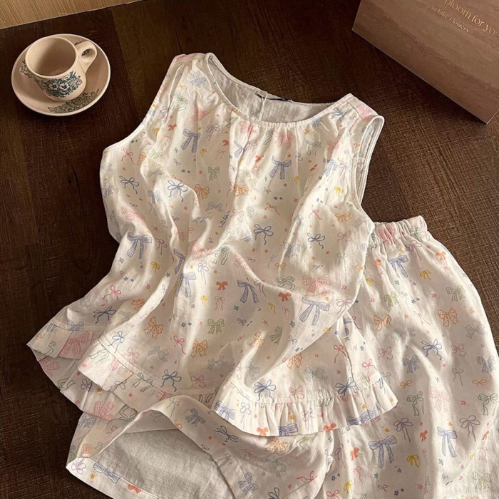 Bộ đồ ngủ không tay in hình nơ đầy màu sắc phong cách Hàn Quốc cho nữ mùa hè mới Quần short dễ t