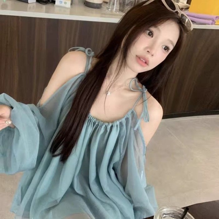 Áo voan một vai nhẹ nhàng cho nữ mặc áo sơ mi mỏng dáng rộng dáng suông