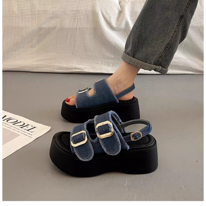 Sandal đế dày xinh xắn phối váy, áo khoác ngoài nữ, giày nêm La Mã cao cấp và đa năng