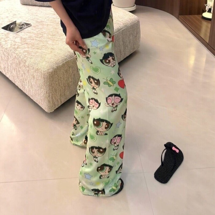 Powerpuff Girls Pyjama Quần Nữ Mùa Hè Bong Bóng Nhăn Rời Đi Bộ Áo Khoác Ngoài Hoạt Hình Dễ Thươn