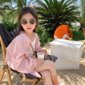 Bé gái phiên bản Hàn Quốc áo sơ mi vải lanh mỏng, áo chống nắng, áo điều hòa rộng rãi mùa hè