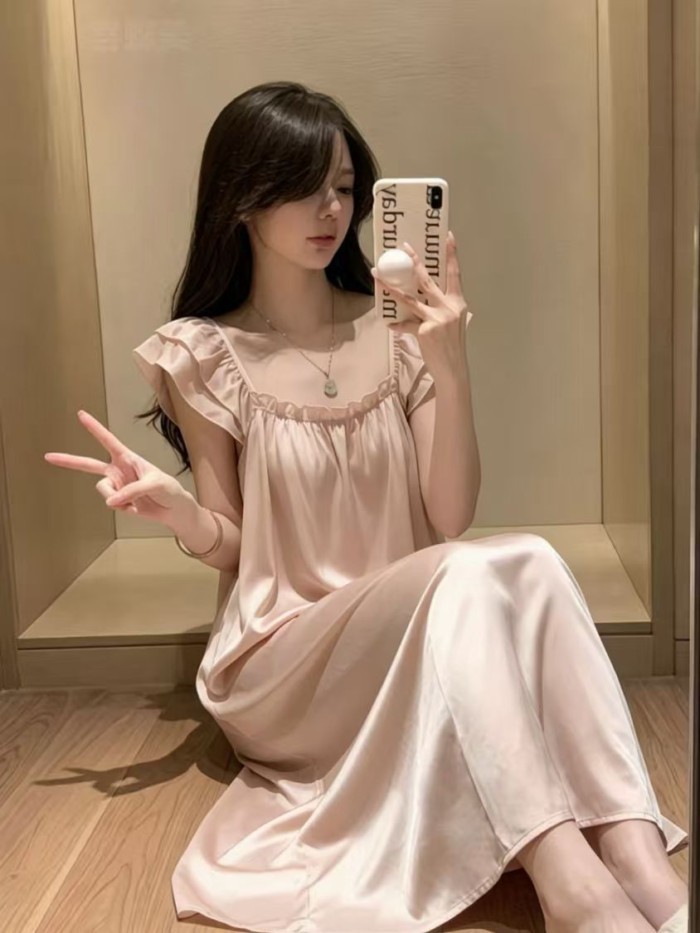 Váy ngủ mùa hè mới, dài vừa phải, nhẹ nhàng sang trọng, váy ngủ lụa băng có đệm ngực, váy ngủ