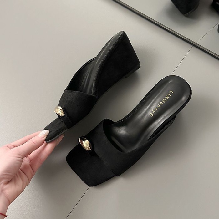 Giày sandal đế vuông mũi vuông đa năng phong cách retro dành cho nữ mang bên ngoài thông nửa dép