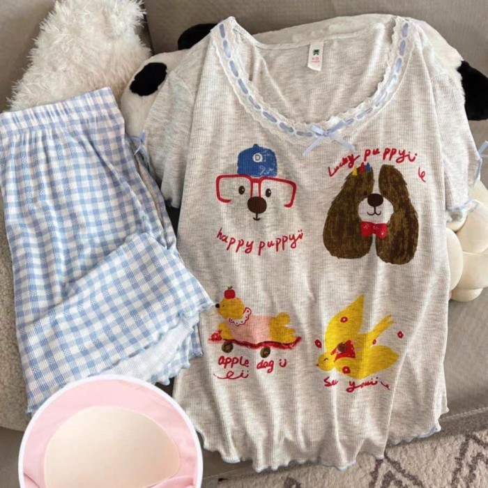 Bộ đồ ngủ ngắn tay in hình cún con ngọt ngào và dễ thương Hàn Quốc Bộ đồ ngủ mặc nhà thông thườn