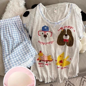 Bộ đồ ngủ ngắn tay in hình cún con ngọt ngào và dễ thương Hàn Quốc Bộ đồ ngủ mặc nhà thông thườn