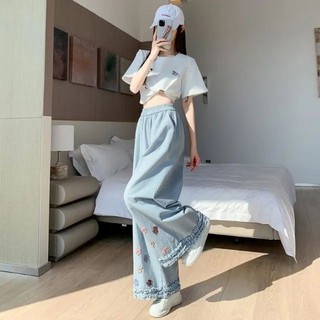 Quần ống rộng viền hoa ngọt ngào phong cách rừng dành cho nữ mùa xuân hè quần lưng cao ống rộng