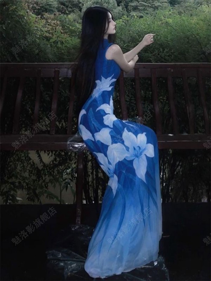 Phong cách Trung Hoa mới thiết kế theo phong cách quốc gia váy lưới in hoa cho nữ mùa thu eo