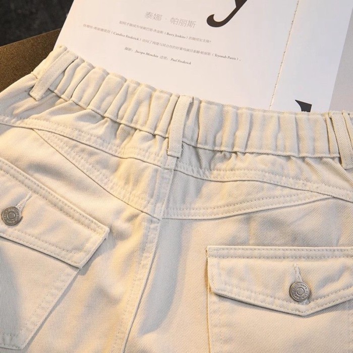 Retro Quần Short Denim Nữ Mùa Hè Mỏng Phong Cách Mới Mỏng Một Phiên Bản Lưng Co Giãn Ống Rộng