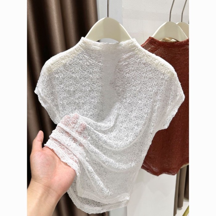 Gạc xuân hè với váy hai dây, áo lưới cao cổ nửa người, áo ren đáy cho nữ, lớp trong mỏng, áo thun n