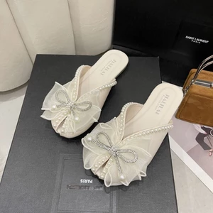 Size 35-43 Size Lớn Nơ Mũi Mũi Dép Nữ 41 Phiên Bản Hàn Quốc Đa Năng Đáy Bằng Thời Trang Ngọc Trai L