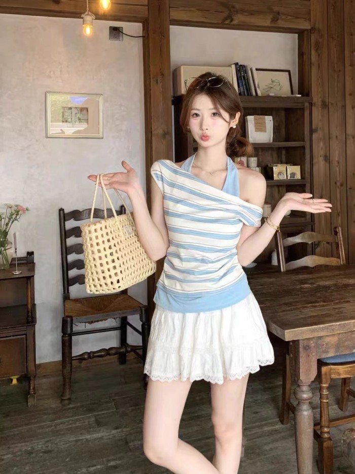 Unique Fake Two-piece Design Retro Striped Halter Neck Short-sleeved T-shirt For Women Summer